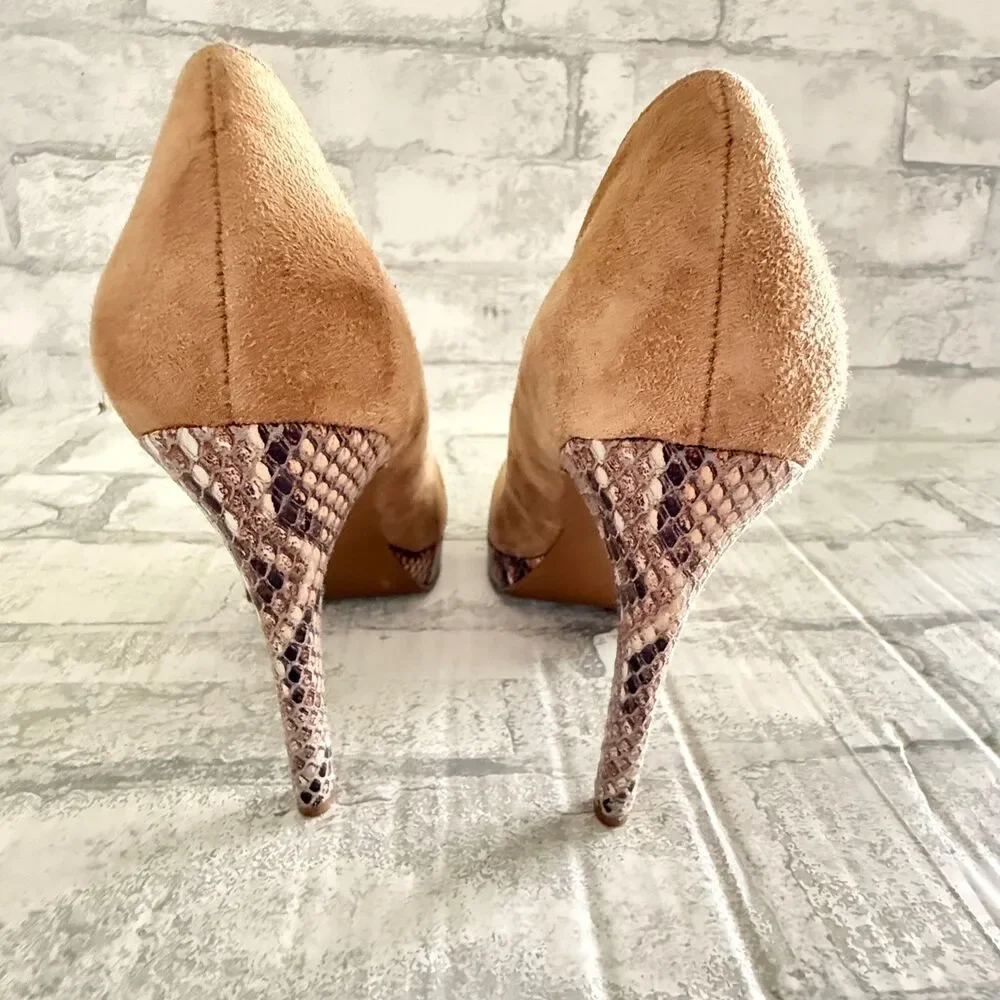 Via Neroli Beige Suede Leather High Heel Platform Snake Print Stiletto Pumps 5.5